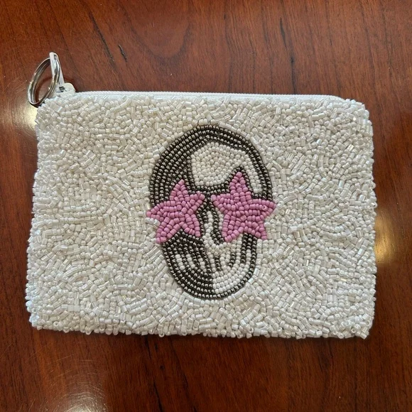 NWOT Tiana NY White Gray Skull & Pink Star Beaded Coin Purse Pouch - Picture 3 of 7